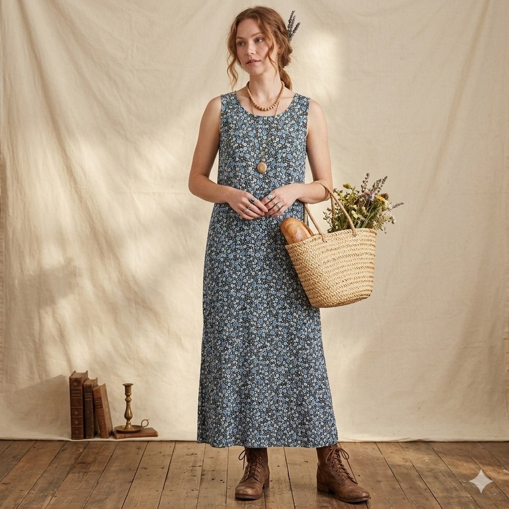 Vtg Studio Ease Rustic Cottage Blue Ditsy Floral Linen Blend Maxi Dress Sz. 12